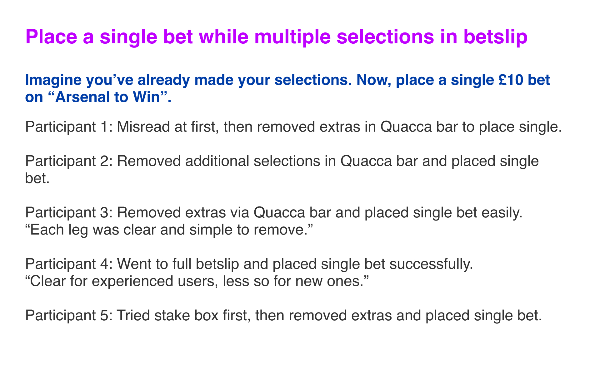 4_Place a single bet while multiple selections in betslip